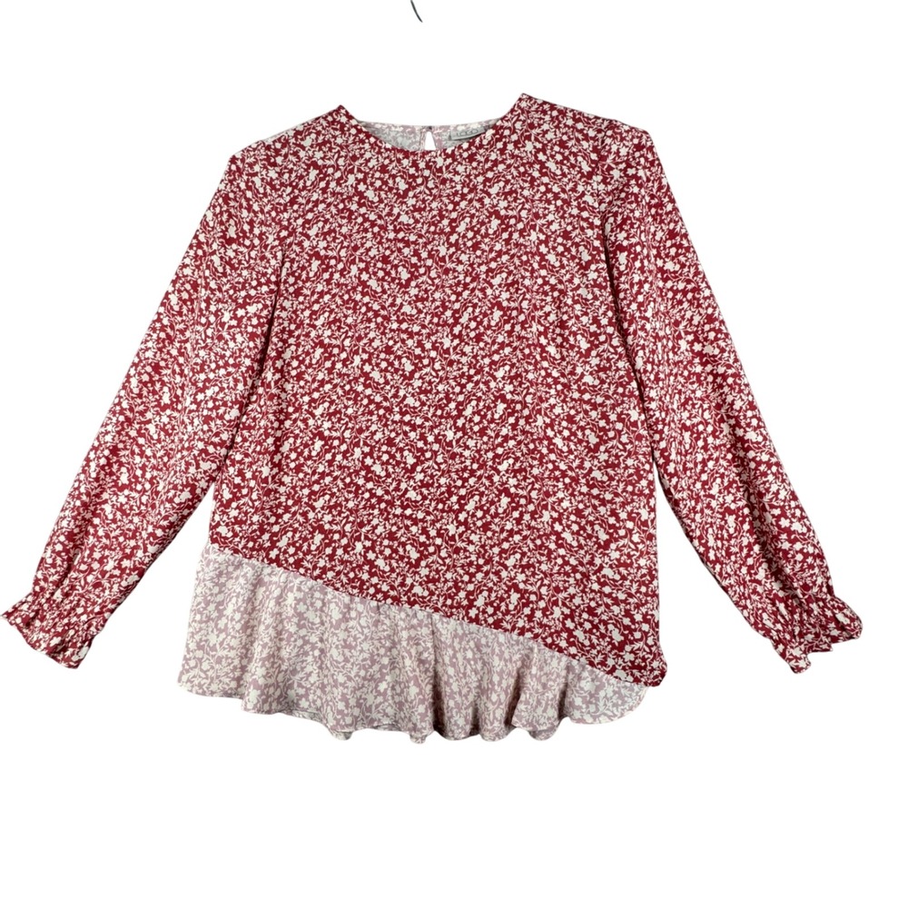 Logo Lori Goldstein Blouse Floral Print Long Sleeve Ruffle Hem Pink Red Size S